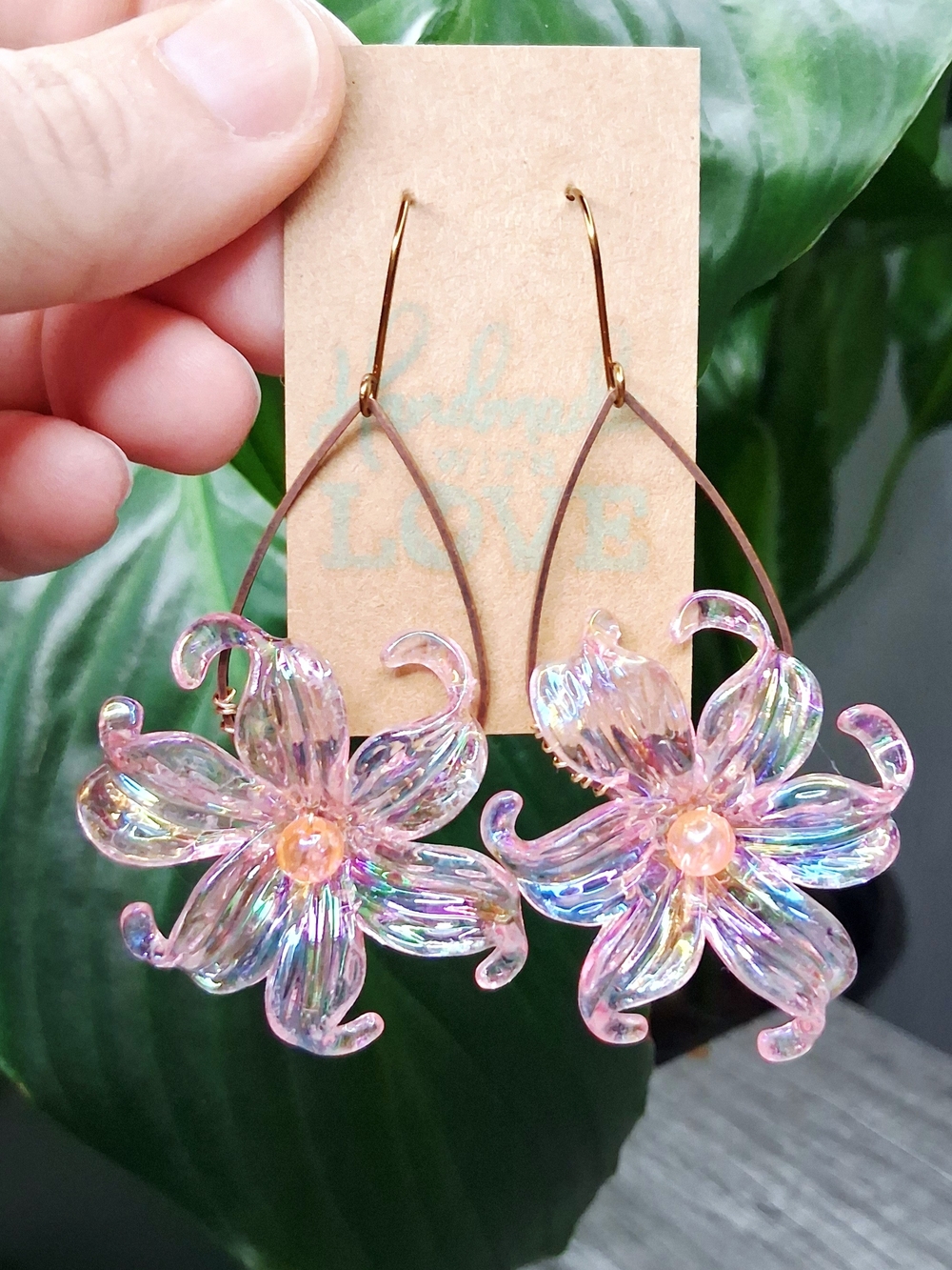 Iridescent Pink Flower Teardrop Earrings